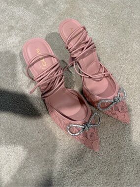 Aldo Dusty Pink Lace Pointed Flats with Crystal Bow & Lace-Up Straps